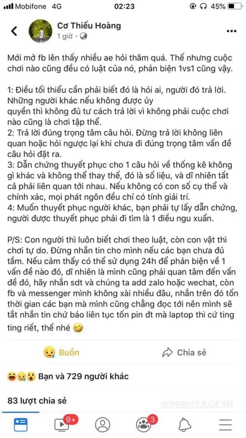 Bài post Facebook của Hoàng sau khi vụ việc xảy ra