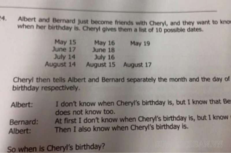 Đề bài của bài toán “Tìm ngày sinh của Cheryl”