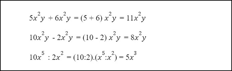 Ví dụ về các phép tính cộng, trừ và chia đơn thức