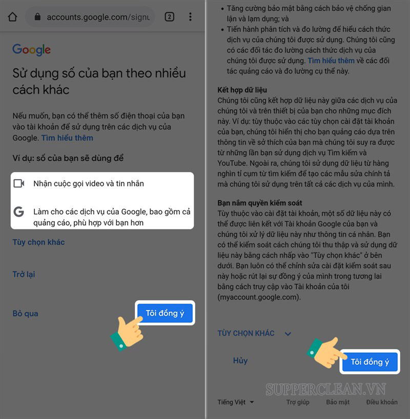 Nhấn đồng ý các dịch vụ của Google